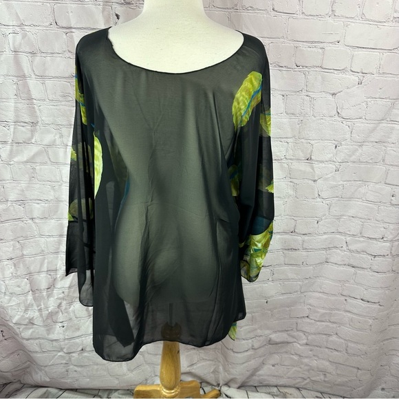 mirelle Blue tropical Floral print sheer Blouse kimono sleeve high low hem OS - Picture 3 of 7